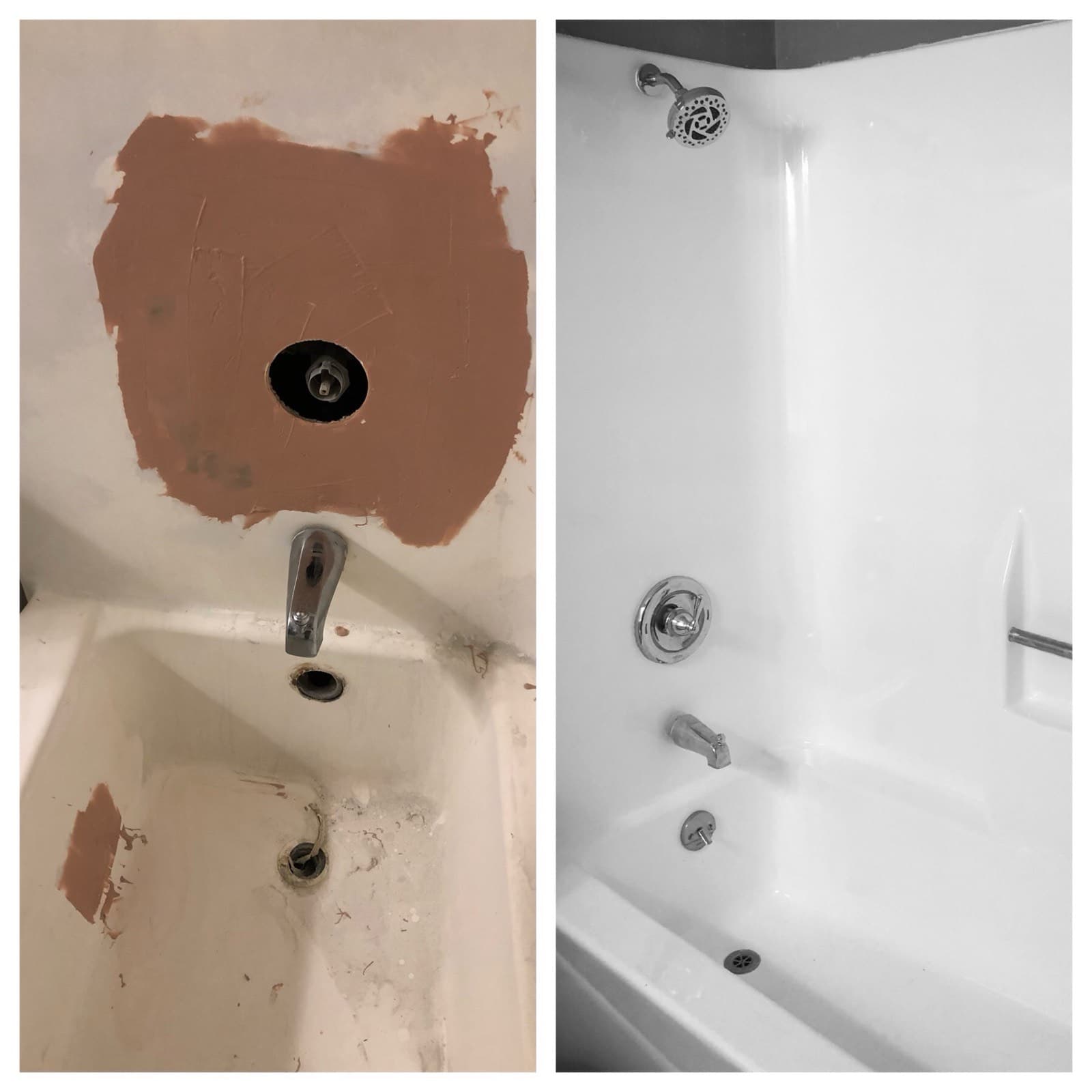 Damaged bathtub floor repaired and refinished glossy white