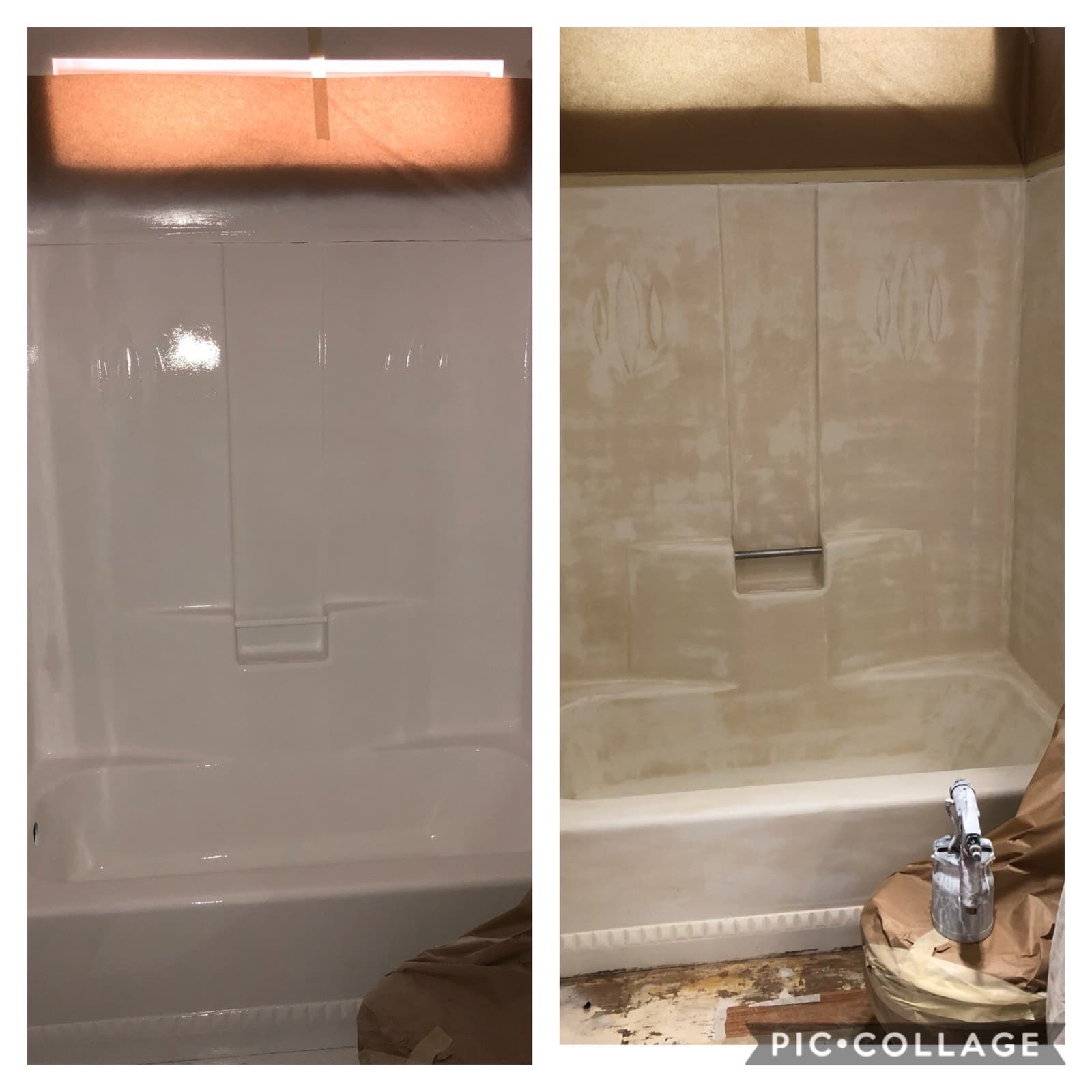 Yellowed fiberglass shower surround before and after refinishing