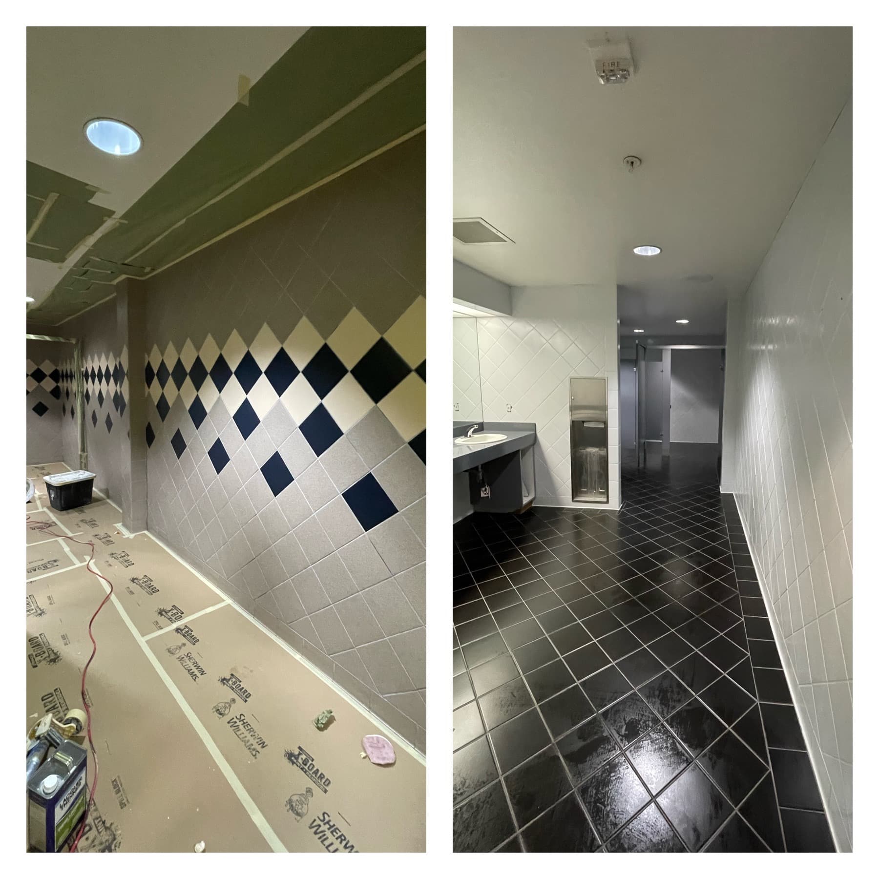 Diamond-pattern tile walls before and after refinishing