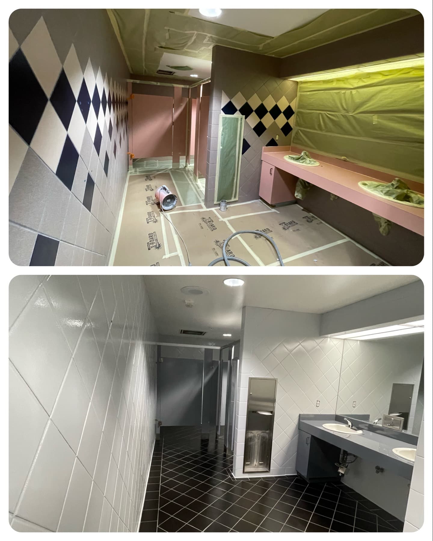 Retro commercial restroom before and after tile and counter refinishing
