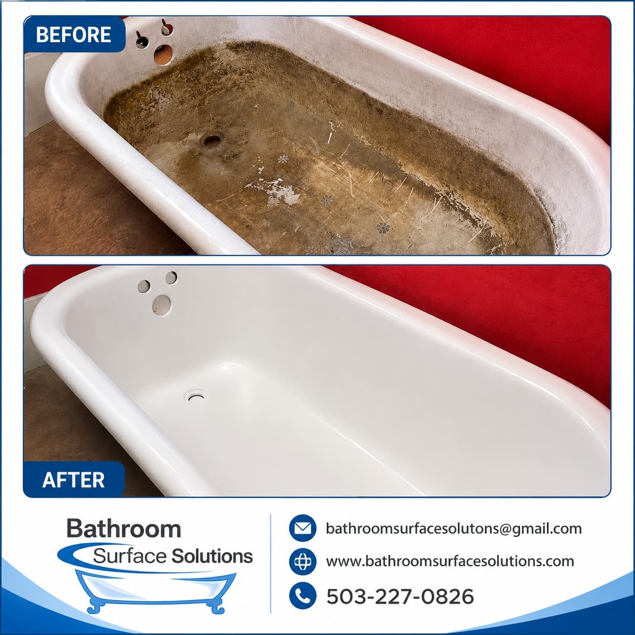 Before and after of a real BSS project: a stained, worn clawfoot bathtub refinished to a glossy white